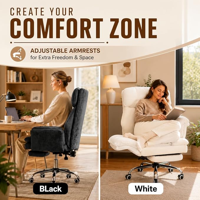Big and Tall Office Chair with Footrest & Flip Armrests | Crystal Velvet Ergonomic Desk Chair, for Pets & Cross-Legged Sitting, Wide Seat Reclining Executive Computer Chair, Black