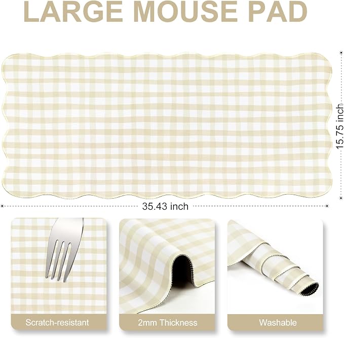 L-SPOUTTO Beige Checkered Mouse Pad,Scalloped Desk Mat XXL Gaming Mousepad | Cottagecore Gingham 35.4x15.7in Large Non-Slip Base Keyboard Pad Waterproof Desktop Mat for Laptop Computer Game Home Office