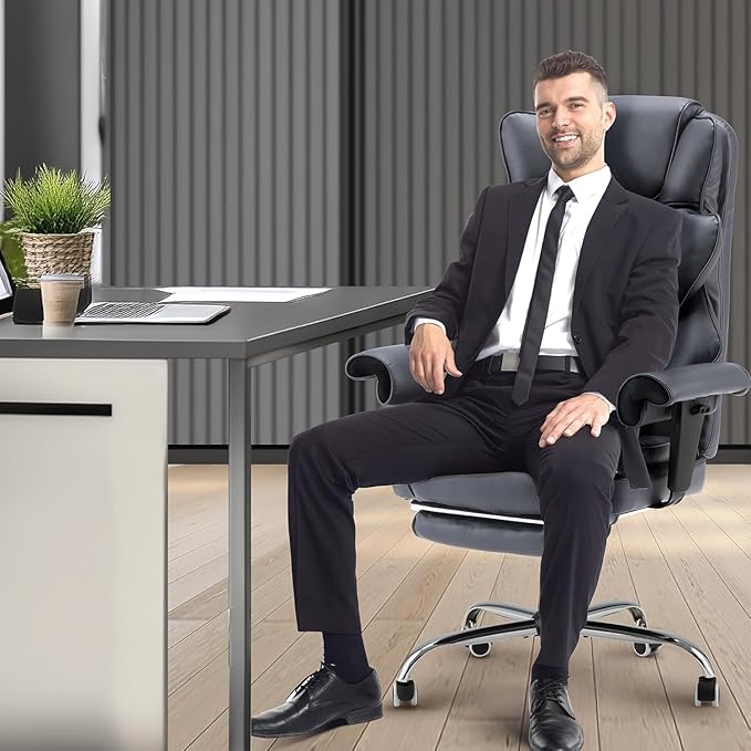 6-Point Massage Executive Chair,Heat Office Chair,Ergonomic Home Office Desk Chairs with Retractable Footrest and Reclining Function,Leather Computer Chair with Adjustable Armrest(‌Grey)