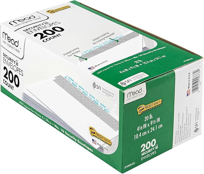 Mead #10 Security Business Envelopes Letter Size 4-1/8" x 9-1/2" – Peel and Seal, Privacy Lined, No-Window, Press-It Seal-It Self-Adhesive for Home & Office Mailing, 200 Count (742020)