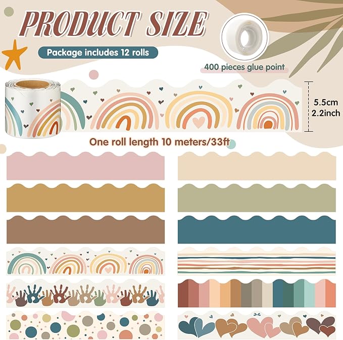 Geyee 12 Rolls 394 ft Boho Bulletin Board Borders Bohemia Bulletin Board Decorations Colorful Rainbow Aesthetic Trim for School Classroom Wall Decor