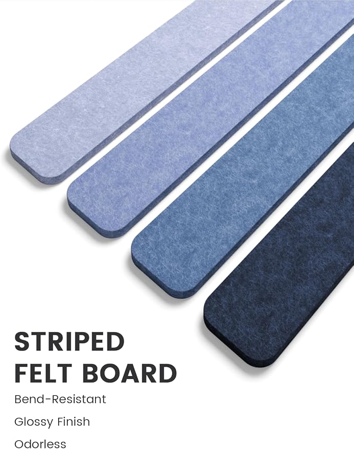 Fluxynara 13" x 2" Felt Wall Panels, Denim Mist | 8-Pack Includes 50 Push Pins and Adhesive Tabs for Photos, Notes and Decor in Bedroom Doors, Home Office or Studios