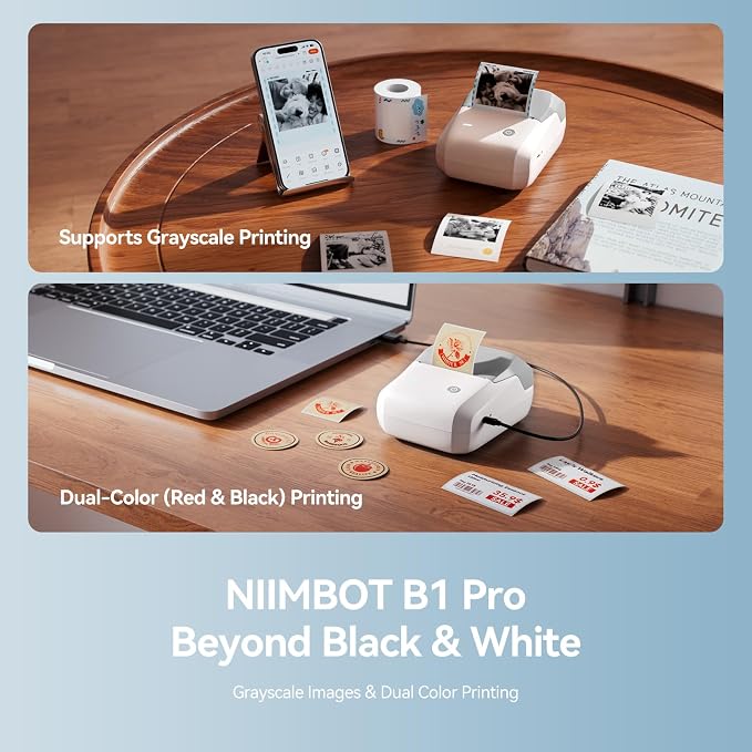NIIMBOT B1Pro Label Maker, 300DPI HD Sticker Printer for Photo, Gray | Red&Black Dual-Color Label Printer for Stores, Small Business, Built-in a Roll of Label(2 x 1.2 inches-White)