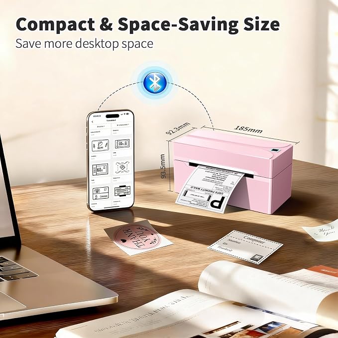 Bluetooth Thermal Label Printer,4x6 Shipping Label Printer | Wireless Label Printer for Small Business and Shipping Package, Compatible with iPhone, Android, Shopify, Amazon, USPS, Pink
