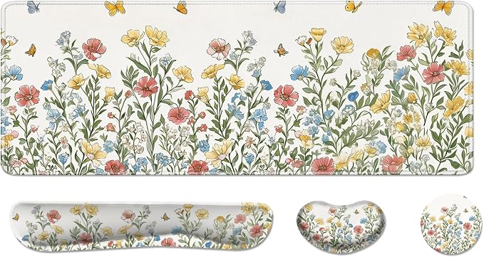 Desk Pad and Keyboard Wrist Rest, Large Mouse Pad + Keyboard Pad+Mouse Wrist Support, Non-Slip Desk Mat Protector for Office, Home 31.5×11.8 Inches Spring Floral