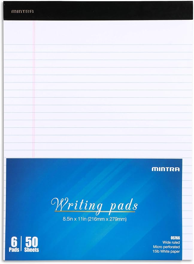 Mintra Office White Legal Pads – Ruled Notepads and Micro-Perforated Sheets, Ideal for Writing, Note-Taking & Creativity, Office, or Professional Use, Basic Pad 6 pack, 8.5"x11" (Wide Ruled)