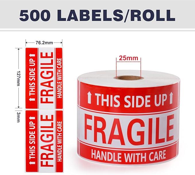 3 x 5 Inch Handle with Care This Side Up 500 Permanent Adhesive Fragile Stickers for Shipping Moving Glass Labels (1 Roll, 500 Labels)