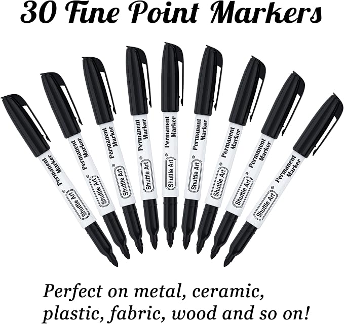 Shuttle Art Permanent Markers, 30 Pack Black Permanent Marker set, Fine Point, Works on Plastic, Wood, Stone, Metal and Glass for Doodling, Marking