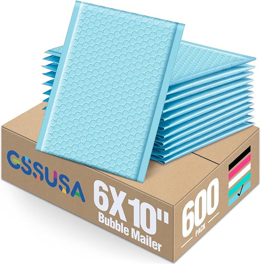 GSSUSA Bubble Mailers 6x10 Inches Padded Envelopes 600 Pack Usable Size 6x9" Small Envelope Bags Shipping Bag Bulk Pack Self Seal Package Mail Packing Business Supplies, Light Blue