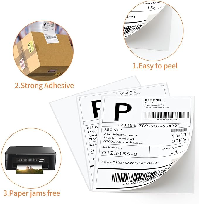 8.5" x 11" Sticker Paper for Inkjet Printers - 500 Sheets Full Sheet Shipping Labels Printable Full Page Labels 8.5×11 White Sticker Paper for Laser Printing - Matte
