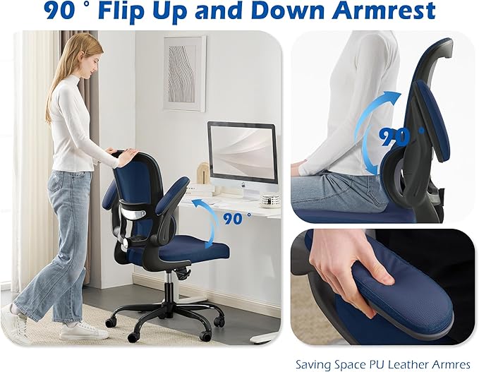 TRALT Ergonomic Office Chair Desk Chair with Adjustable Lumbar Support | Desk Chair Comfy with Flip-up Armrests Ergonomic Chair - Mesh Computer Chairs for Adults, 330lbs, PU Leather (Navy Blue, 1)