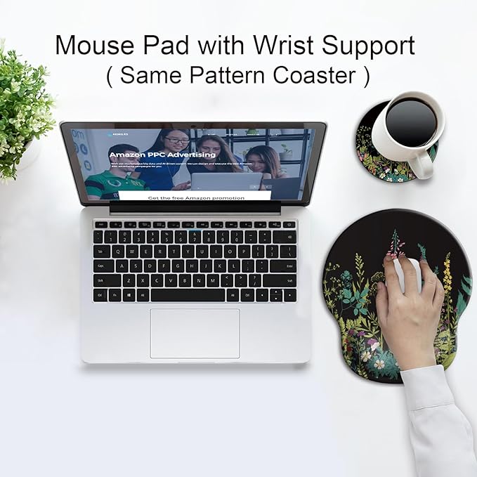 Ergonomic Mouse Pad with Wrist Support Rest,Large Mousepad Gel Wrist Rest, with Coaster Non-Slip & Pain Relief for Computer, Desk, Home&Office-Floral