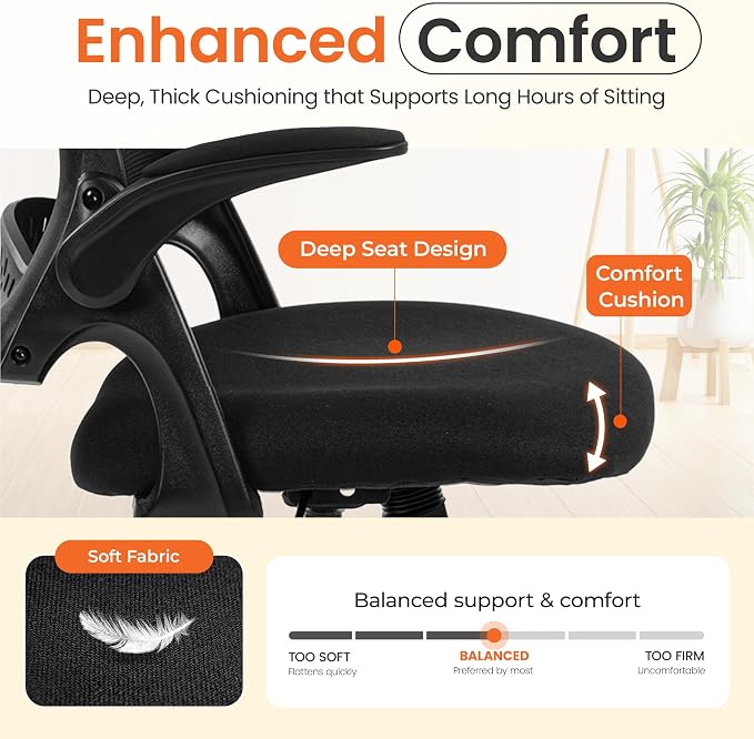 NEO CHAIR Office Computer Chair Ergonomic Mesh Back Flip-Up Arms, Black | Lumbar Support, Smooth-Rolling Casters, Height Adjustable Seat, Comfortable Seating for Office, Study and Computer Work