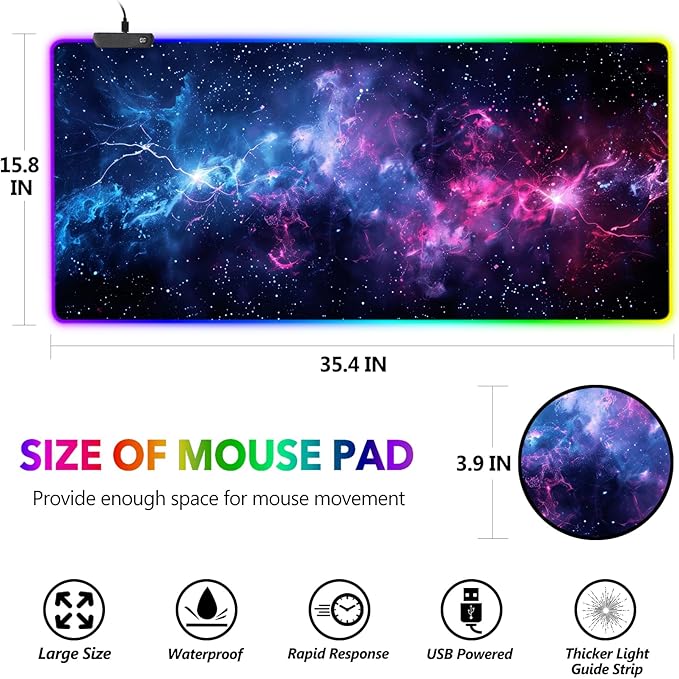 AIMSA LED Gaming Mouse Pad RGB, Large Mouse Pad with 14 Light Modes, Keyboard Mousepad Led Extended Surface (35.4 x 15.8 in) for Desktop Gamers, Blue Purple Starry Nebula