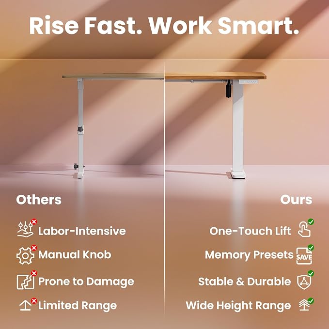 HUANUO 55x28 Inch Electric Standing Desk, Adjustable, Light Vintage Brown | 176 Lbs Capacity, Smooth Home Office Desk, 4 Memory Presets & Headphone Hooks, 28.3–46.5 Inch Height Range, Easy to assemble