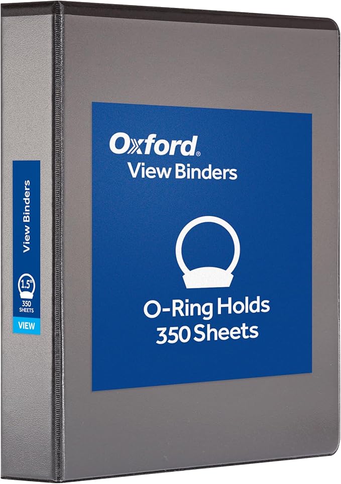Oxford Ring Binders, 1.5" Round Ring Binders, View Binder, Covers on 3 Sides, XtraLife Hinge, Non-Stick, PVC-Free, Black, 350 Sheet Capacity (1002548)