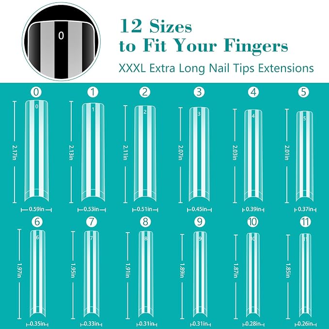 LIONVISON 3XL Square Nail Tips: 240PCS Clear NO C Curve Nail Tips | XXXL Extra Long Tapered Square Nails Tip - 12 Sizes Straight Press On Gel Tip for Nails Salons Home DIY Long-Lasting