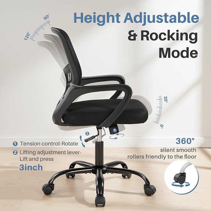 DUMOS Home Office Chair, Computer Desk Chair, Lumbar Support | Ergonomic Mid Back Mesh, Height Adjustable Fixed Armrest, Rocking Mode 360 Swivel, Computer Conference, Black