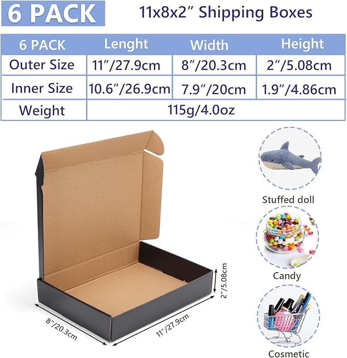 EXYGLO 6 Pack 11x8x2 Shipping Boxes, Black Corrugated Cardboard Boxes for Packaging Small Business, Moving, Shipping, Mailing, and Storing