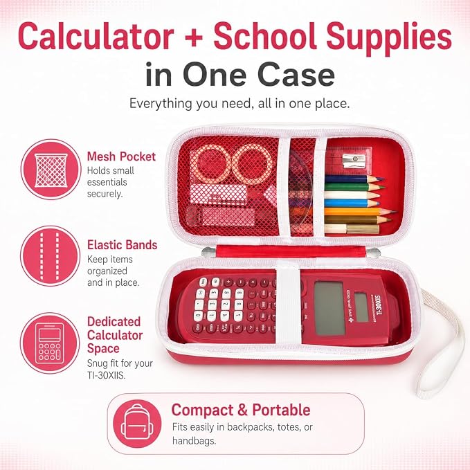 Red Calculator Case for TI-30XS/TI-30XIIS/TI-30Xa/TI-36X Pro | Hard EVA Shell, Two-Layer Mesh Pockets, Elastic Holder, Wrist Strap, 8.27x 3.94 x 2.36 in, School Exam Carry
