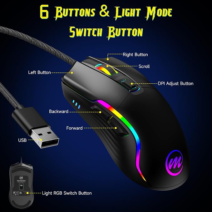 memzuoix Wired Gaming Mouse with RGB - 6 Adjustable DPI up to 12800, 6 Buttons, 12 Lighting Modes, Ergonomic Design with Anti-Slip Rubber Wheel, 5.6ft Braided Cable for PC/Mac/Windows - Black