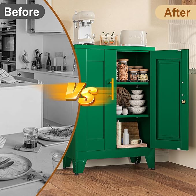 36" Metal File Garage Storage Cabinet with Lock,Lockable Office File Cabinet with 2 Doors and 2 Adjustable Shelves,Outdoor Steel Locker Organizer for Home Office,Gym,School,Warehouse(Green)