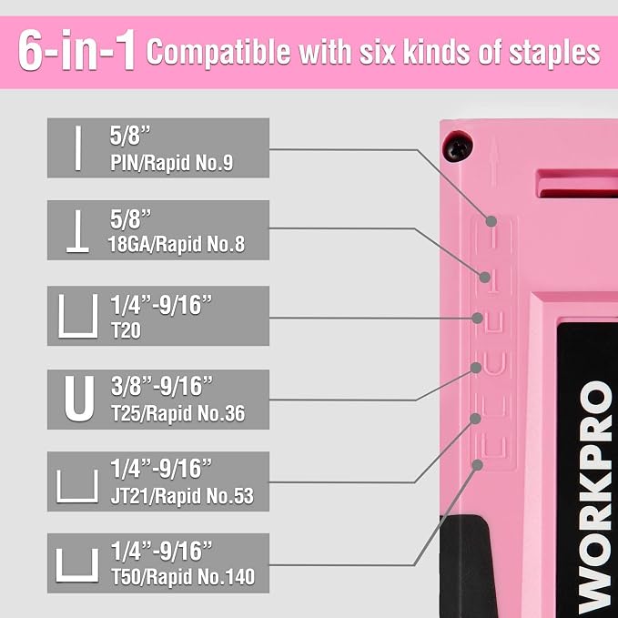WORKPRO Staple Gun, 6-in-1 Manual Brad Nailer with 4000 Counts Staples | Upholstery Stapler Nail Gun for Fixing Material, Decoration, Carpentry, Furniture, Doors and Windows - Pink Ribbon