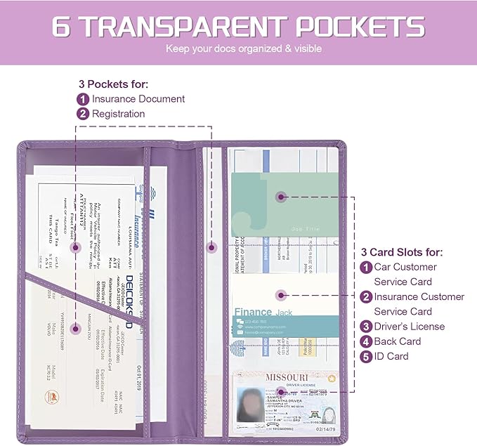 JUSTTOP 1Pack Car Registration and Insurance Holder,Car Document Holder for Cards License with Magnetic Shut,Vehicle Glove Box Car Organizer for Documents, Cards, License(Purple)