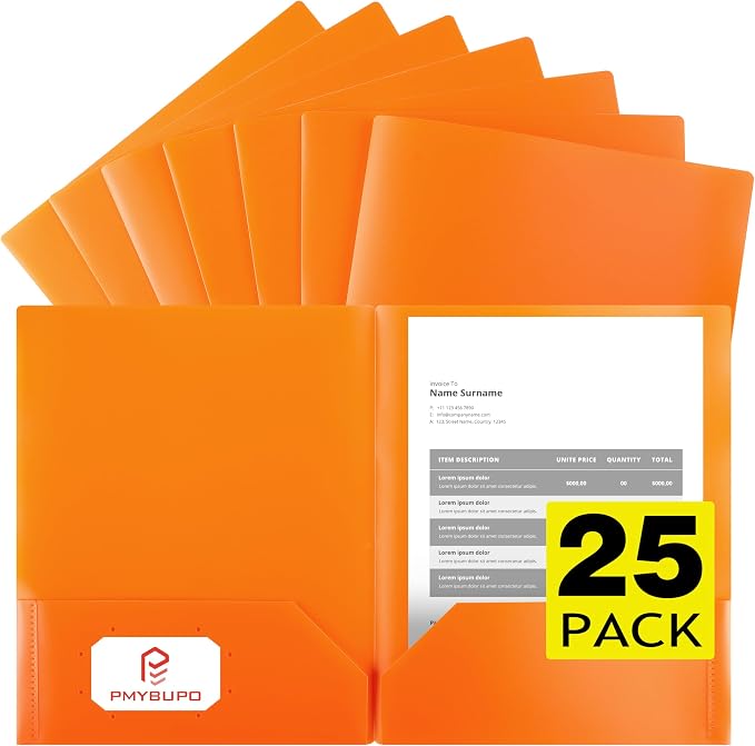 pmybupo Plastic Folders with Pockets (Orange 25 Pack),2 Pocket Poly Folders for School,Home or Office,Durable Acid-Free Poly