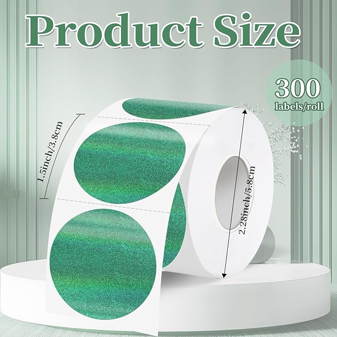 1.5 Inch Thermal Labels,Holographic Circle Direct Thermal Stickers,for Address Design DIY Logo Business(300 pcs/Green dots)
