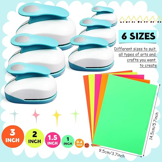CHENGU 6 Pcs Circle Punch Set 3in/2in/1.5in/1in/0.6in/0.3in Scrapbook Hole Punchers Crafting with 10 Sticker Paper Round Cutter Scrapbook for Office Supplies DIY Albums Photos(Blue)
