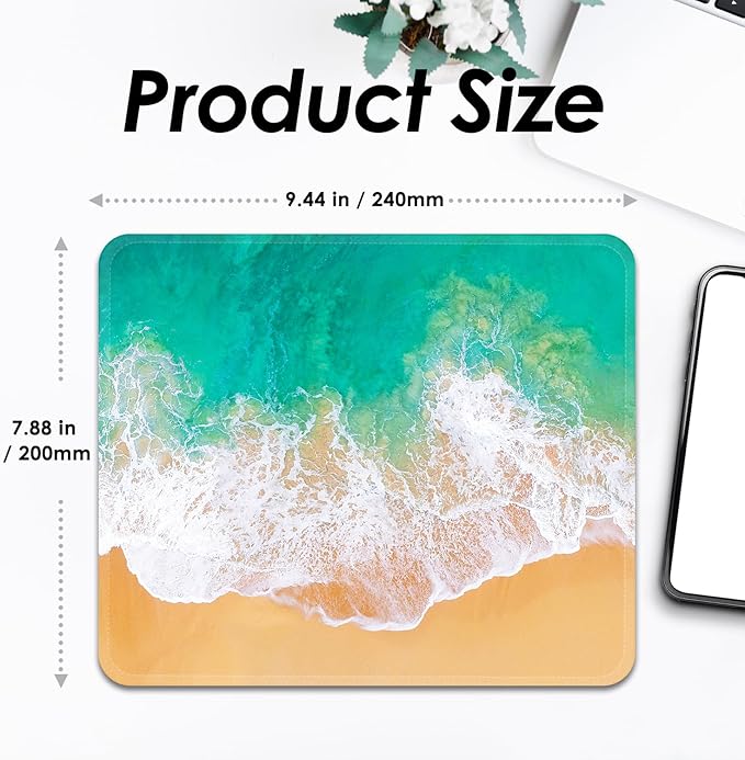 Mouse Pad with Stitched Edges - Ocean Beach Mousepad for Women, 9.25 x 7.75 inch Washable Square Desk Pad, Non-Slip Rubber Base, Office Home Laptop Accessories - Ocean Serenity