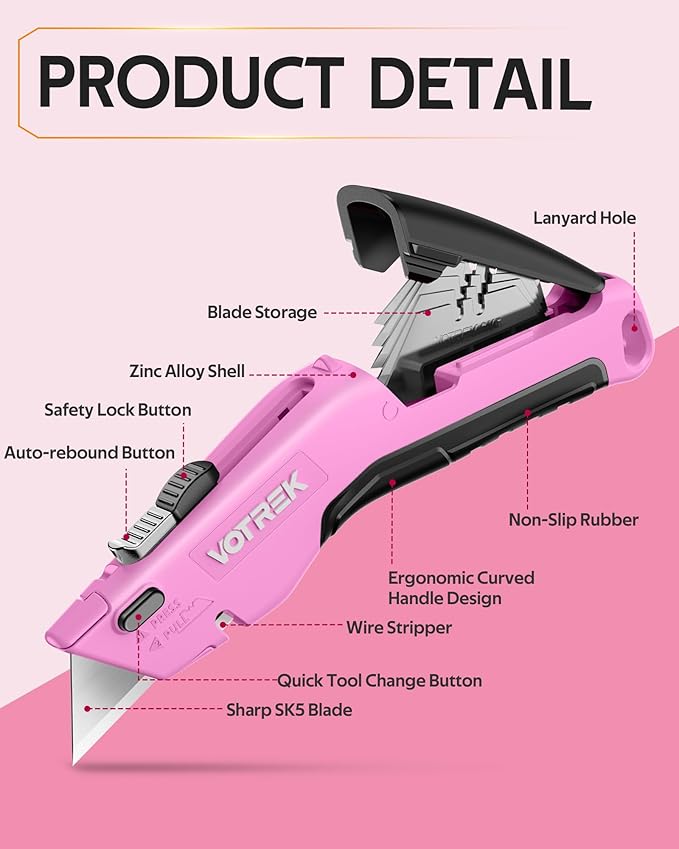 VOTREK® Box Cutter Utility Knife, 2-in-1 Safety Retractable Box Cutter for Women, Quick Change Razor Knife for Home, Office & DIY, Blade Storage Design, with Extra Sharp Razor & Hook Blades (Pink)