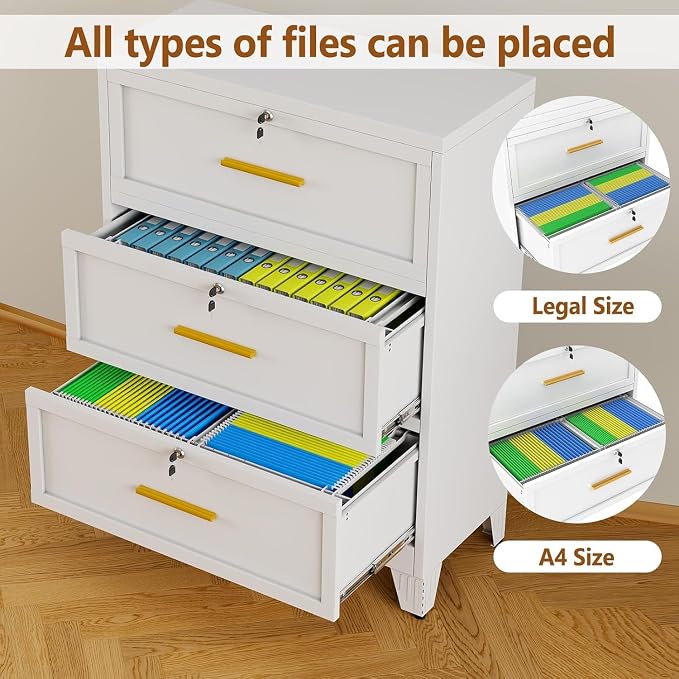 3 Drawer Metal File Cabinet with Lock,Lateral Filing Storage Cabinets,Steel Wide File Organization for Legal/Letter/A4/F4 Size with Hanging Files&Key,Lockable Printer Stand for Home Office, White