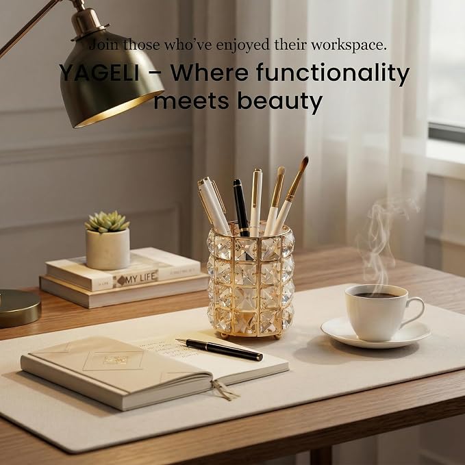 YAGELI Crystal Pen Holder for Desk, 3.58" Gold/Silver Pencil Cup | Crystal & metal base. Holds pens, pencils, makeup brushes, art supply. Easy to clean. Elegant decor for desk, vanity, office