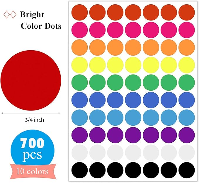700 PCS Dot Stickers 3/4 Inch Color Coding Labels Round Colored Dot Stickers, 10 Assorted Color Colorful Coding Label Circle Sticker for Toddler Office Student Classroom, 70 Labels/Sheet