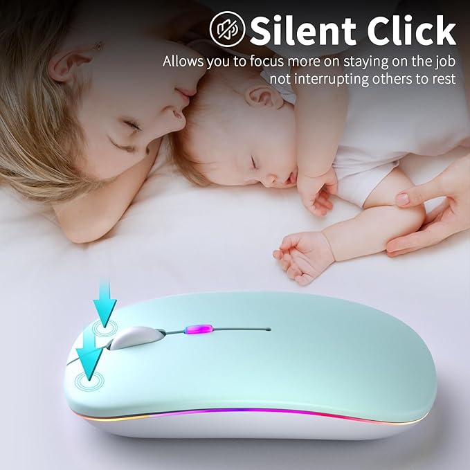 Wireless Bluetooth Mouse – Rechargeable, Silent, Dual Mode (Bluetooth 5.2 & USB) with LED Lights – Portable for Laptop, Desktop, & Tablet(Green)