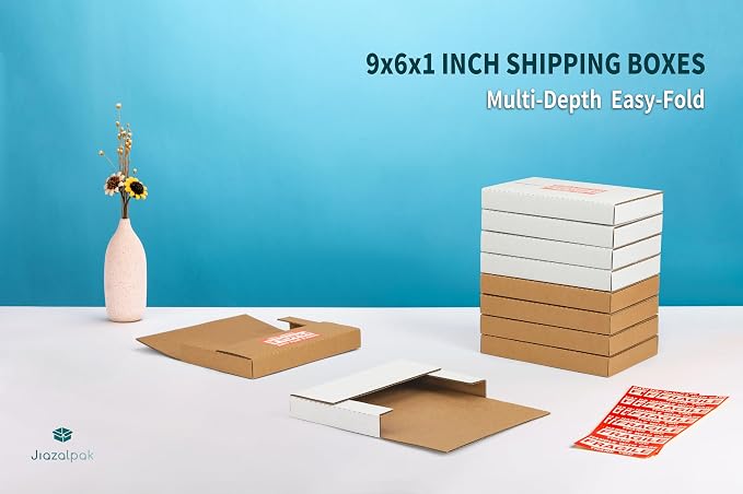 9x6x1 Inch Shipping Boxes for DVDs, CDs, Books Mailing, 25 Pack | Multi-Depth, Easy-Fold, Corrugated Cardboard, Includes Fragile Stickers, Brown