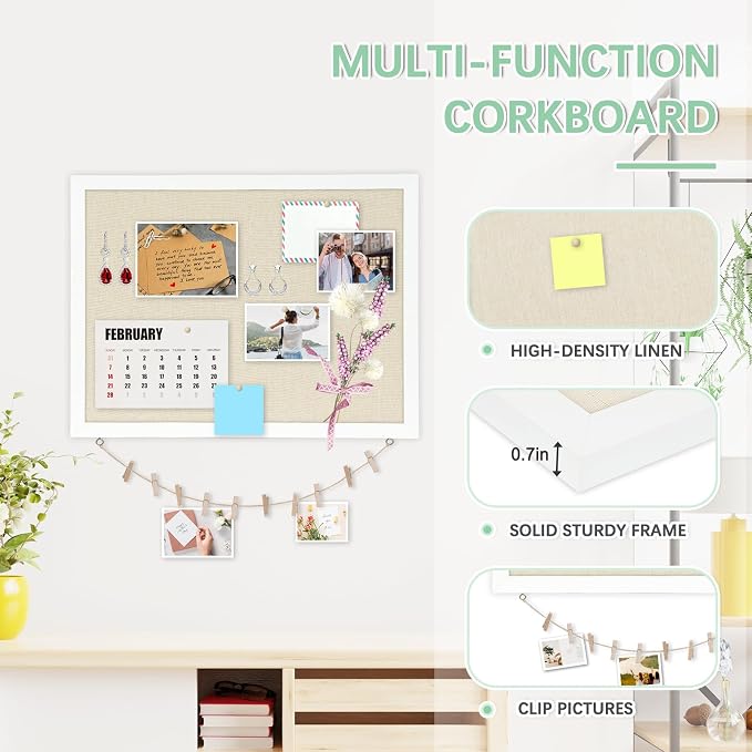 DOLLAR BOSS Double-Sided Bulletin Boards with Linen, 36"x24" Cork Board | Corkboards for Walls, Framed Pin Board, Picture Display Vision Board, For Office Home School, 20 Pushpins 10 Clips