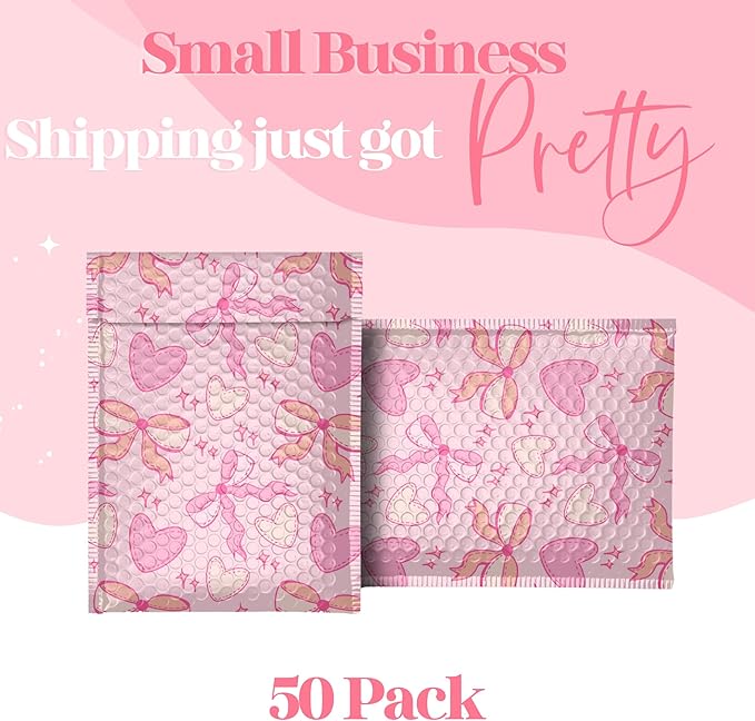 8.5x11 Designer Bubble Poly Mailer 50 Pack Heavy Duty Waterproof Self Seal Shipping Bags for Small Business Large Mailing Envelopes Bulk Tear Resistant Padded Pink Coquette Bubble Mailer