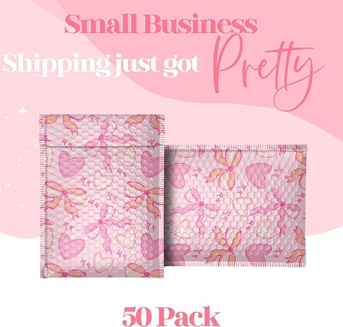 Designer Bubble Mailers 6x9, Pink Coquette, 50 Pack | Heavy Duty, Waterproof, Self Seal, Tear Resistant, Bubble Mailing Envelopes for Small Business Packaging