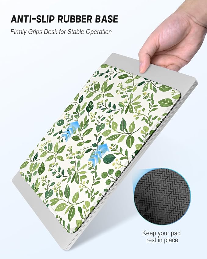 Mouse Pad, Cute Mouse Mat, 10" x 8", Cute Green Leaf -04 | Square Waterproof Gaming Computer Mat, Textured Top, Stitched Edges, Non-Slip Rubber Base for Office Home Laptop Keyboard