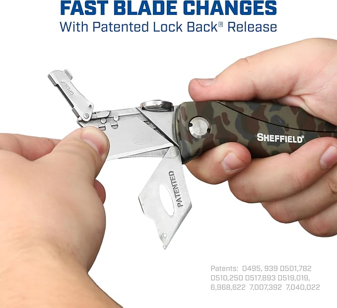Sheffield 12131 Utility Knife & 5 Utility Knife Blade Storage Compartment | Utility Knife Accepts Standard Utility Blades For Home, Office, Trades, and Warehouse