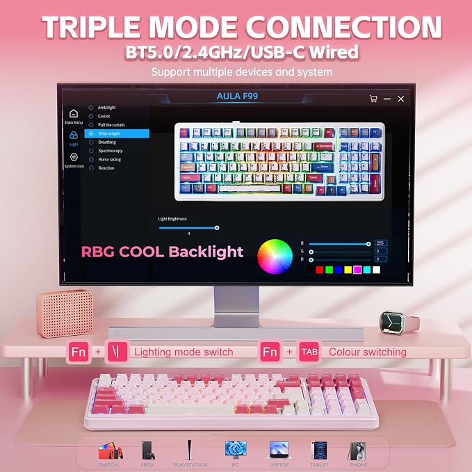 Aula F99 Pink Mechanical Keyboard,Wireless Gaming Keyboard Creamy | Tri-Mode BT5.0/2.4GHz/USB-C Computer Keyboard,Hot Swappable Custom Full Size Keyboard,Strawberry Mint Switch Creamy Sound