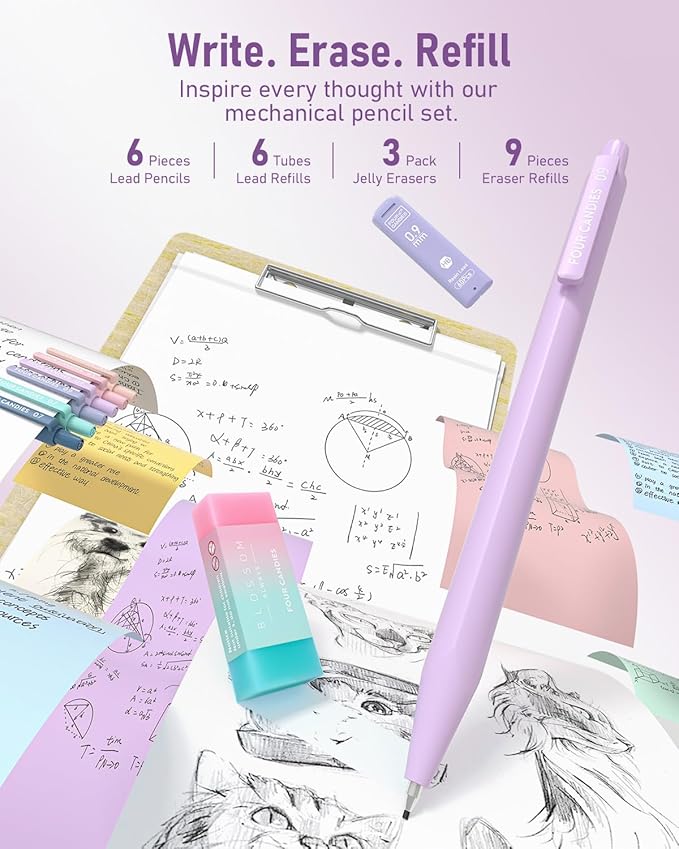 Four Candies School Supplies with Cute Pencil Case, 39ct, Purple | Back to School Stationery Set, Essentials for College & Nursing Students, 5 Gel Pens, 6 Mechanical Pencils, 12 Highlighters