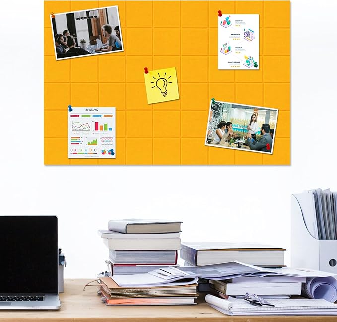 Large Square Felt Cork Board Tiles, Self Adhesive DIY Felt Bulletin Board with 35 Pushpins for Office School Home Wall Decor Stickers Memos (Orange)