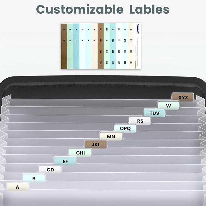 Sooez Heavy Duty Accordion File Organizer with Hidden Handle, Portable 12 Pockets Expanding File Folders, Cloth Monthly Bills Receipt Organizer for Letter/A4, School Classroom Home & Office Supplies | 12 Pockets, Expanding Important Document Folder, Cl...