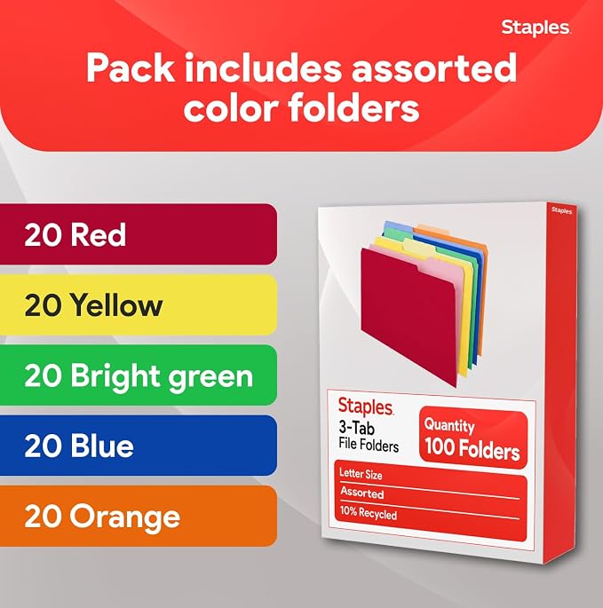 Staples Colored File Folders, Letter Size, 3-Tab Top-Tab, 100/Pk | Durable 10.5-point paper stock for everyday office document filing.