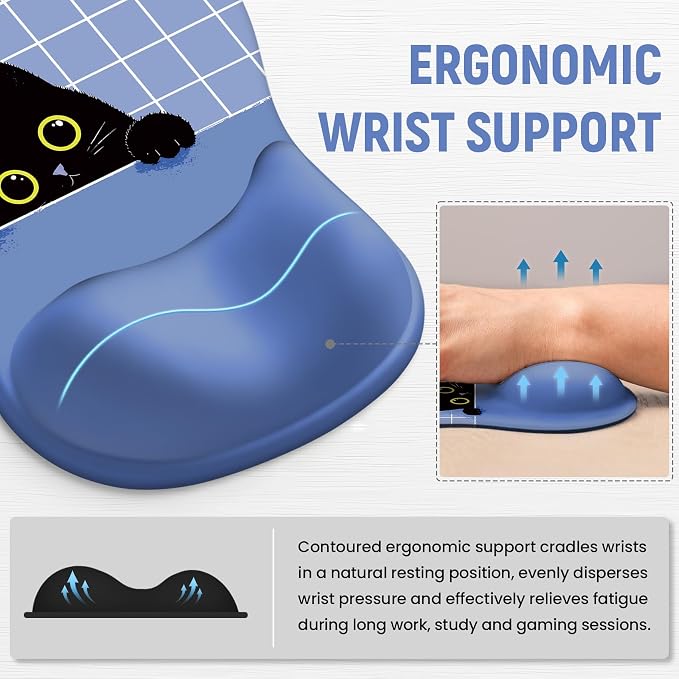 Ergonomic Mouse Pad with Wrist Rest, Gel Wrist Support, Blue Cat | 10.2 x 7.6 in Mouse Pad with Smooth Fabric Surface and Non-Slip Rubber Base for Office, Home, Study, and Gaming