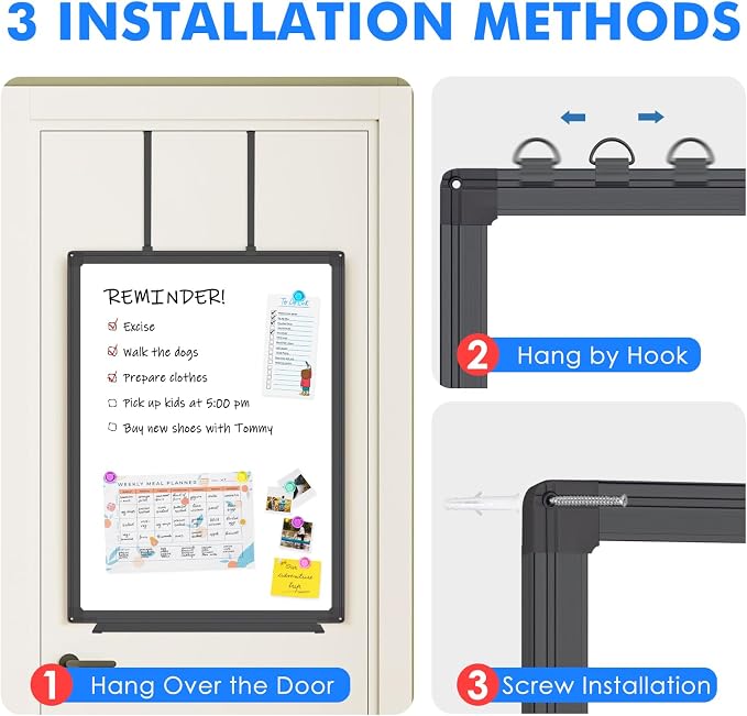 Maxtek Black Magnetic Dry Erase Board for Door 30 x 20 in | No-Drill Adjustable Long Arm Hook Mount, Portable Hanging Whiteboard For Home, Dorm, Office, Cubicle And Small Spaces